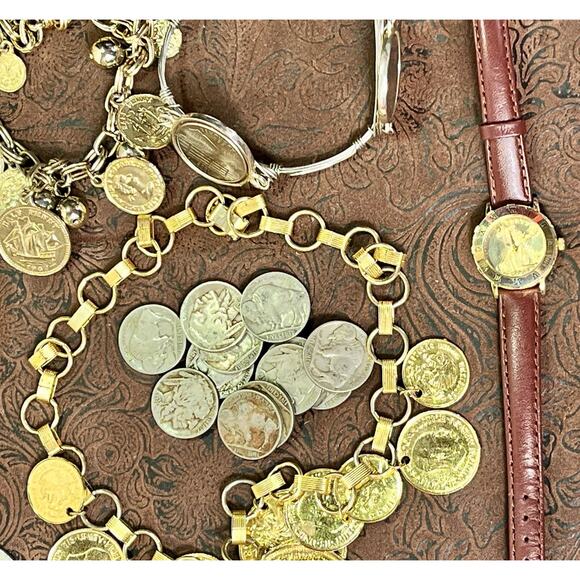 Large Mixed Metals Coin Jewelry Lot 22 Necklaces Bracelets Pendants Watch Coins - Picture 11 of 15